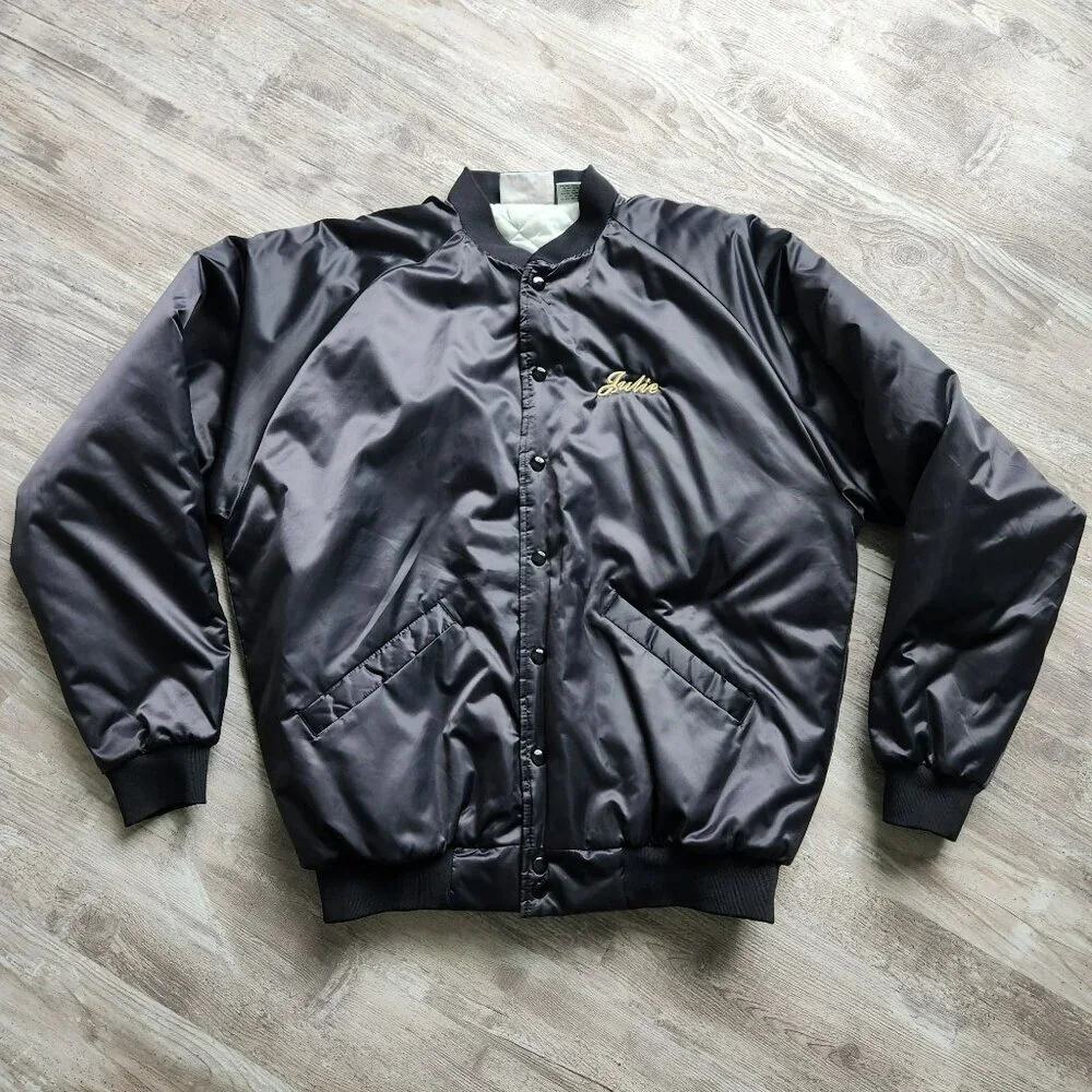 Vintage 90s Black Satin Bomber Jacket Moto Goldwing Graphic NAME Cardinal XL - Picture 8 of 13